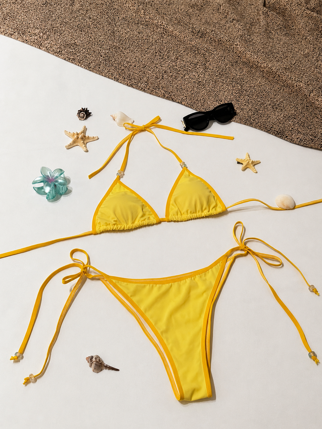 Butter Yellow Beaded Triangle Bikini Top