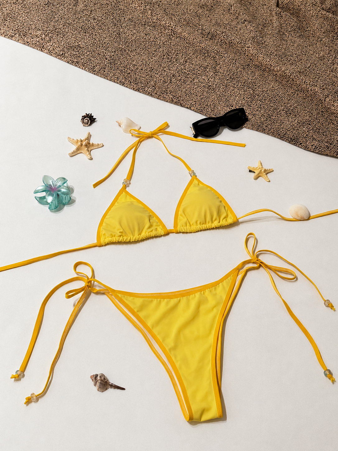 Butter Yellow Beaded Triangle Bikini Top