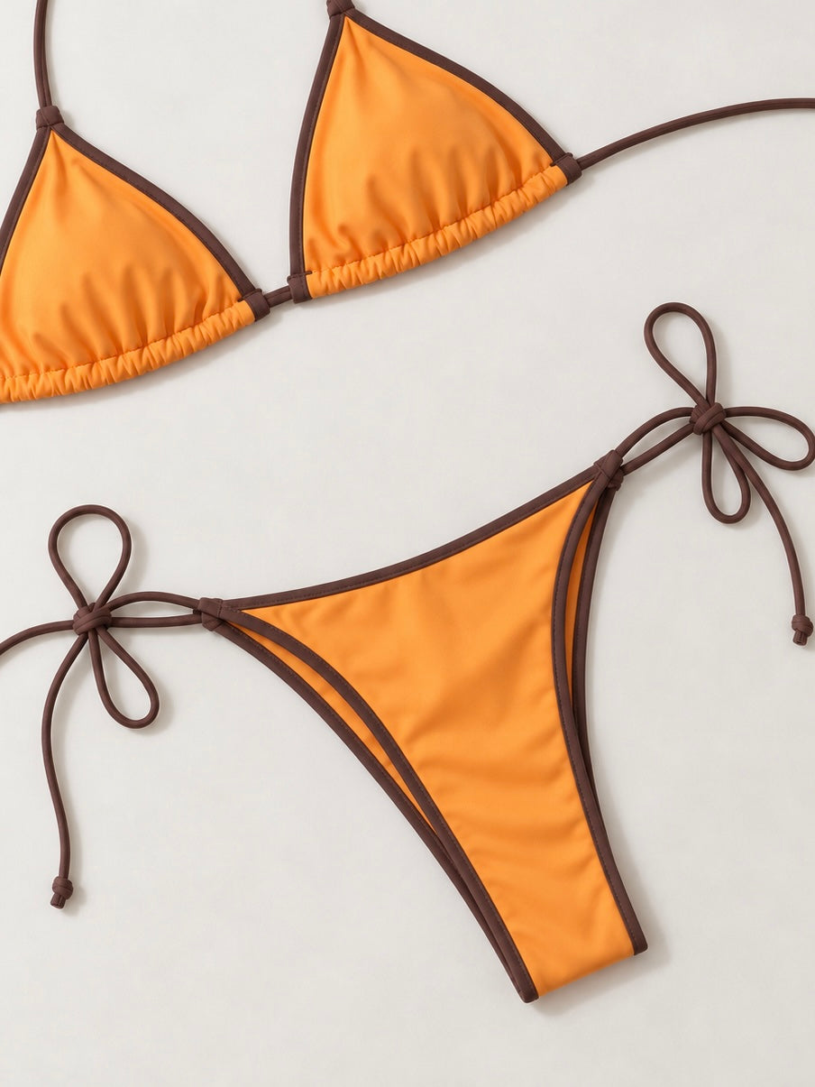Orange Contrast Trim Side-Tie Bikini Bottom