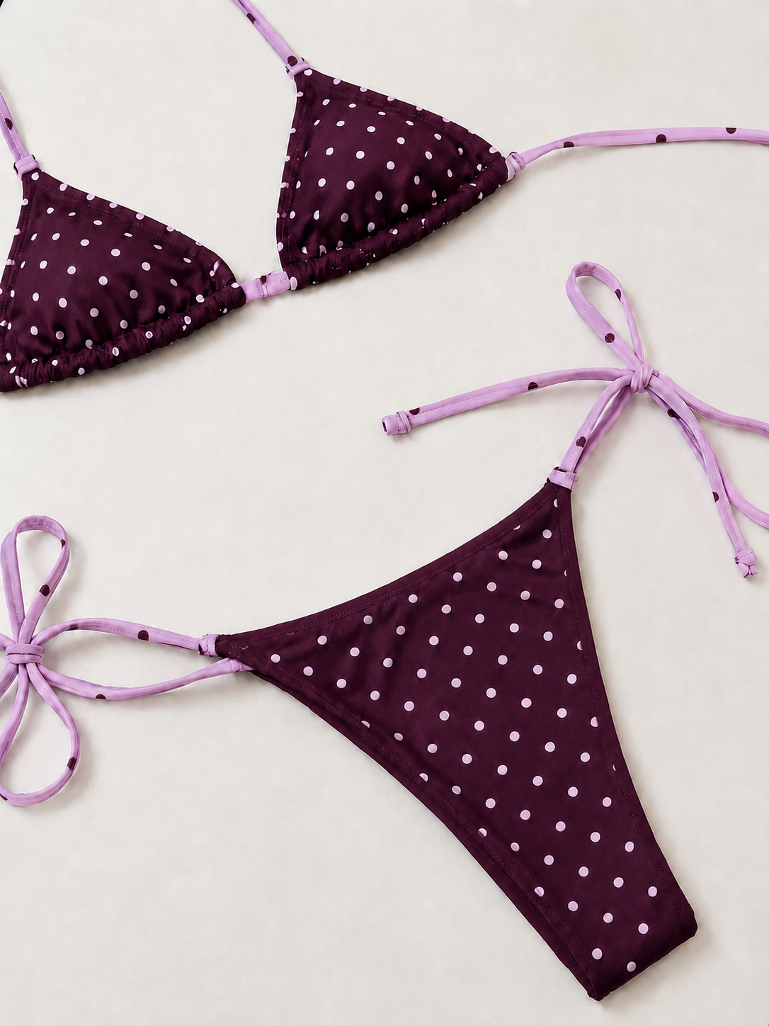 Purple Polka Dot Bikini Flatlay